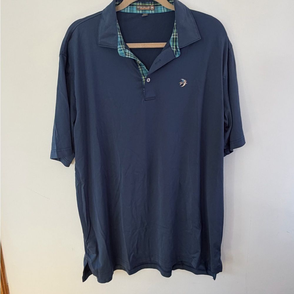 Peter Millar Navy Polo with Plaid Collar Trim XL